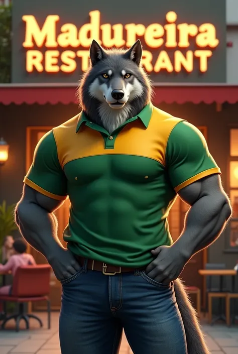 A strong and muscular wolf, wearing a green and yellow polo shirt, writing MADUREIRA RESTAURANT AND A PAIR OF JEANS.
Welcoming you to Madureira Restaurant.
Madureira restaurant sign 