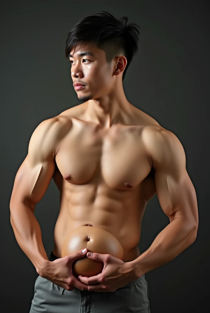 Handsome asian hunk with bouncy pectorals holding his big penis.