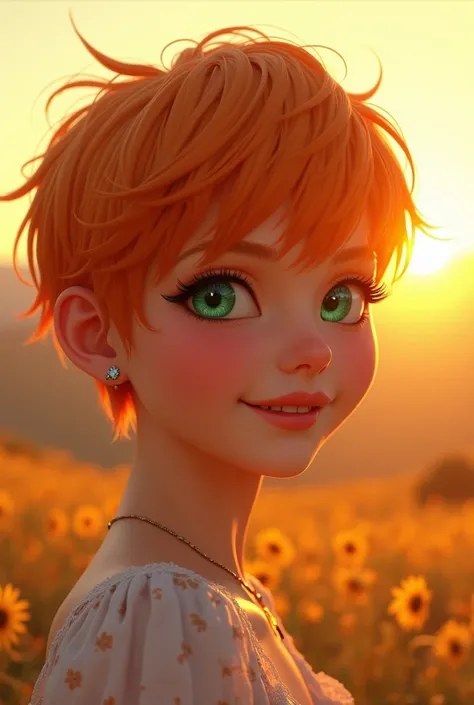 a girl with short orange hair, green eyes, and a pixie cut hairstyle, smiling, beautiful detailed eyes, beautiful detailed lips, extremely detailed eyes and face, long eyelashes, outdoors in a serene sunset landscape, (best quality,4k,8k,highres,masterpiec...