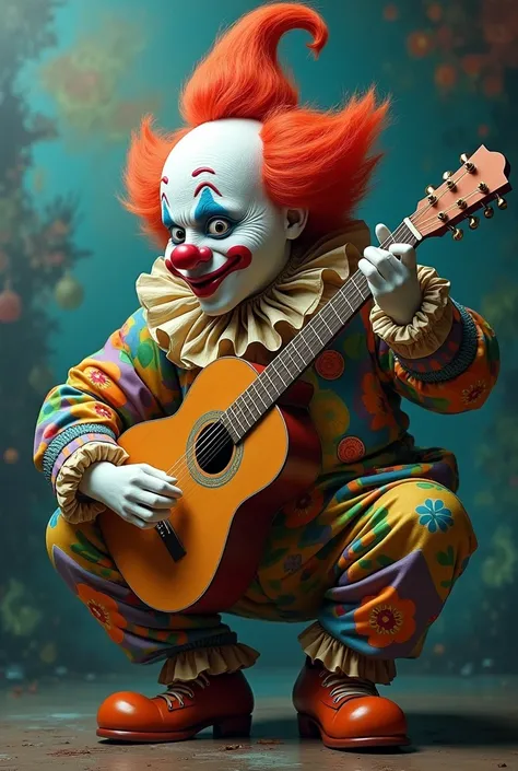 A clown playing the guitar with his body and gaze facing diagonally left