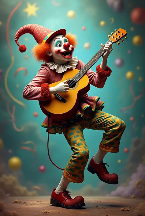 A clown playing the guitar with his body and gaze facing diagonally left