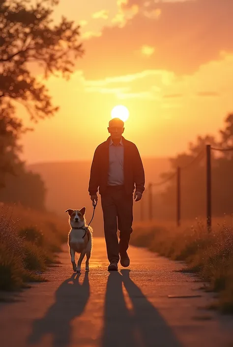 /imagine prompt: A 4K, ultra-realistic image of an older man in his mid-50s, wearing glasses, walking his dog during a beautiful sunset. The soft golden light of the setting sun creates a warm glow across the scene. The man, dressed casually, strolls along...