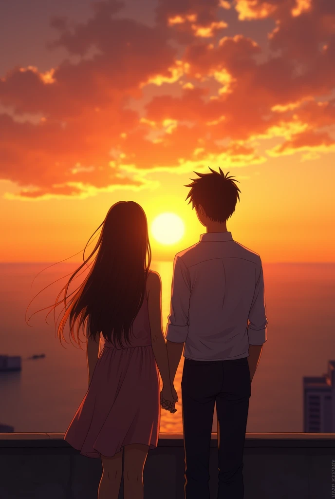 a face with a normal, dark complexion of approximately 1.65 meters next to a brunette with straight hair that is very long and reaches her waist. She is approximately 1.65 meters too, the two are side by side on top of a building watching the sunset