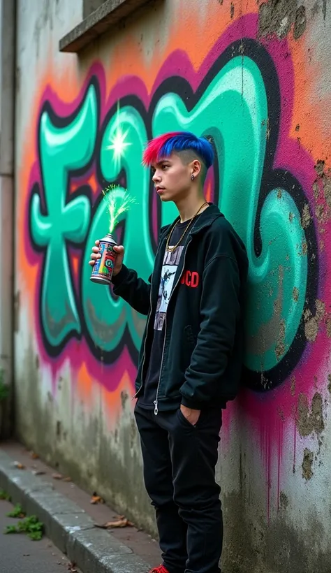 modern graffiti art, bright colour, surrealism reisinanse, photography of handsome young man with blue red emo undercut hair, emo clothing graffiti design, holding spray paint with green sparks, standing in front of an old wall with colorful splashes of fr...