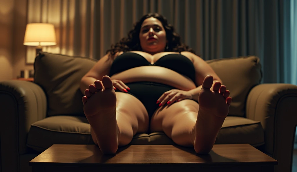 A massive oversized woman wearing a black lingerie, detailed facial features, beautiful eyes, full lips, long eyelashes, sitting on a couch, laughing at TV, resting her big feet with dirty soles on the coffee table, with her wet soles in foreground, high q...