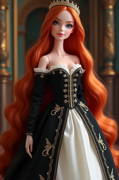 15th century Barbie with long red hair and blue eyes wearing a long black and white party dress 