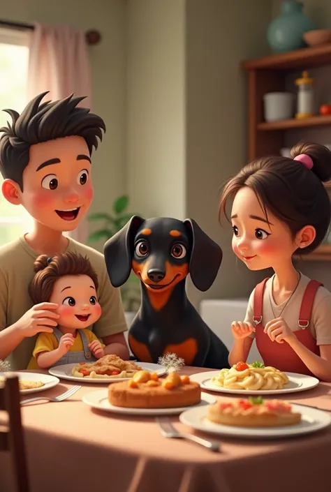 black miniature dachshund,Brown miniature dachshund,Baby Girl,Dad,Mom,Everyone is eating a meal