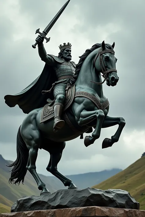 A king statue riding a hours statue and a hand sword 