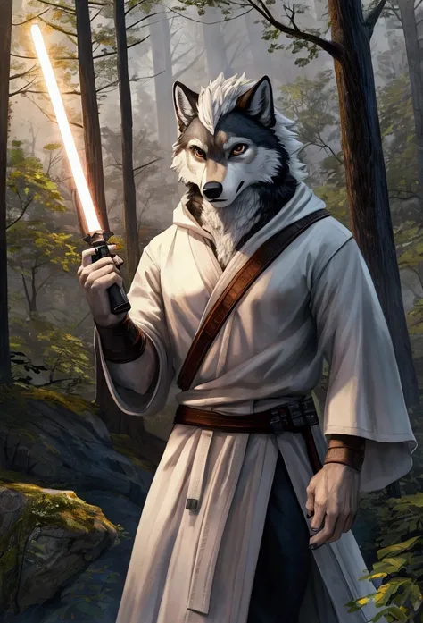 Anthropomorphic Wolf with brown eyes, white hair. He wears a white Jedi robe and holds a white-bladed lightsaber with a curved hilt.. Scenario of a forest. 2d art.