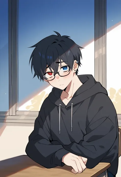 shy young man, apparently an 1 teenager.
glasses, heterochromia (one red eye and one blue eye), bblack hair, black sweatshirt, p...