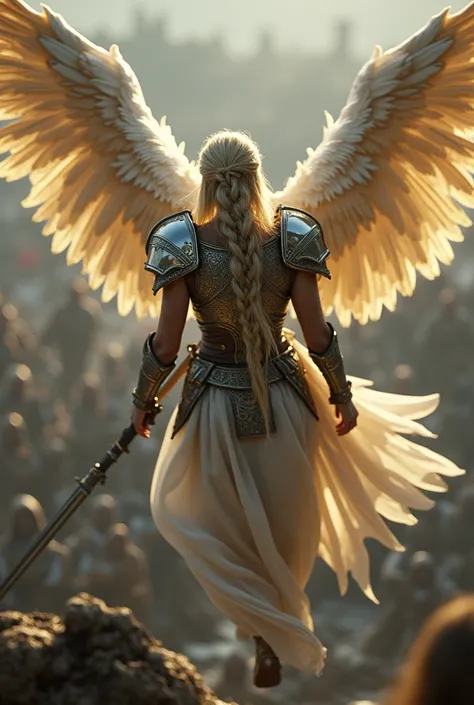 A breathtaking and realistic depiction of a blonde Norse Valkyrie with long flowing hair braided intricately, flying high above a battlefield. She wears shining silver and white Nordic armor that gleams in the sunlight, her large feathery wings glowing in ...