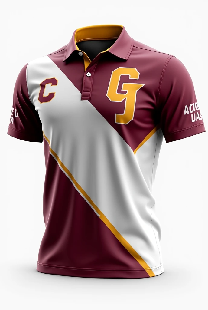 Generate a shirt print lay out that consist of maroon, white combination with yellow lining for CCJE. Make a drifit polo sublimation of shirt thats mostly maroon with white combination and a yellow lining. with cool and modern design. emphasize the word CC...