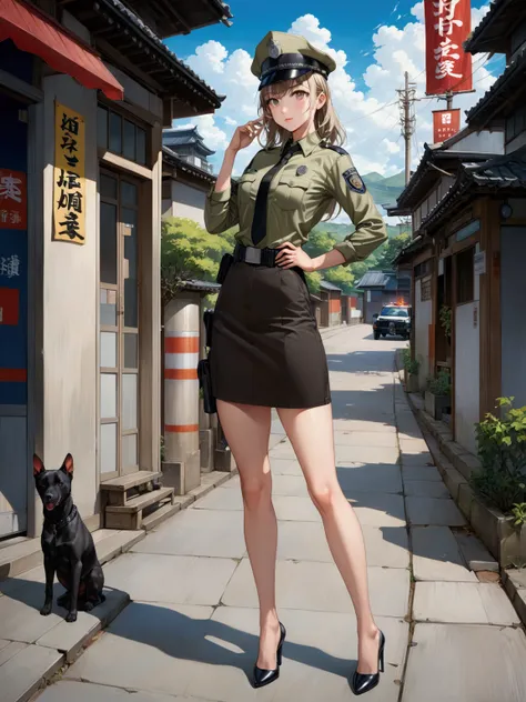 realistic anime illustration of beauty policewoman is posing near her patrol, she wears khaki long sleeve t-shirt, khaki pencil mini skirt, black heels, khaki police hat, english letters, (1girl, solo, full body, front view, looking at viewer), (masterpiec...