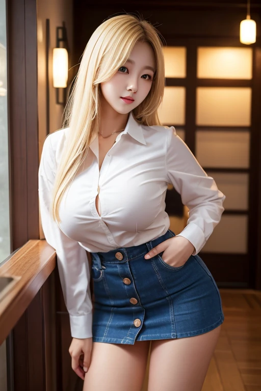 Korean Beauty。Blonde。Big Breasts。The third button of the shirt is open。mini skirt。Leaning forward。evening。