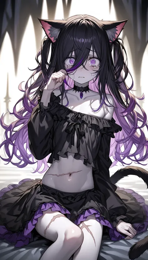 long hair, white hair, off shoulder, gothic lolita, choker, looking at viewer, front view, shiny hair, full body shot, swimsuit, underwear, two side up, messy hair, hair covering eyes, pale skin, lanky, , a girl, dark fantasy, pink hair, streaked hair, hoo...