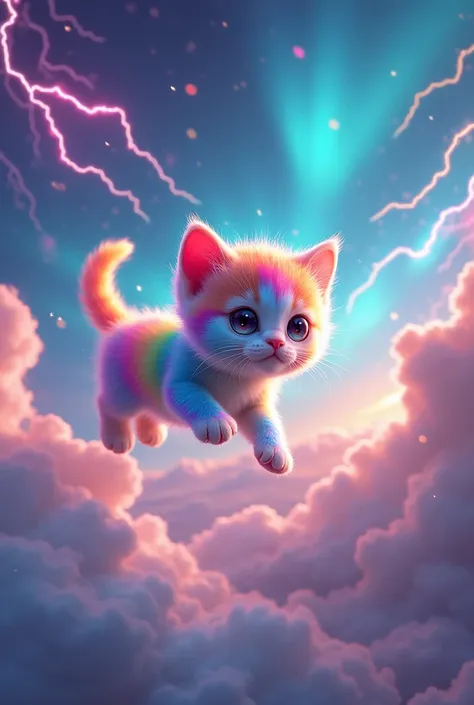 A cute, big-headed, rainbow-colored kitten flies through the sky, scattering sparkling light.、Iridescent lightning、Aurora、Rainbow Clouds、Iridescent, shining eyes、A voluptuous rainbow-colored beautiful angel