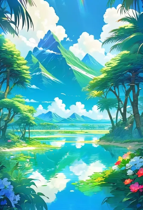 A verdant oasis in the desert, Surrounded by palm trees and flowers. The crystal clear lake reflects the blue sky and white clouds. Rainbow reflecting on water, As a symbol of hope and. A gentle breeze blows, Bring the sound of birds and the aroma of fruit...