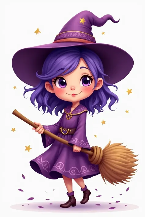 cute witch with purple outfit and purple hair holding a broom in 2d