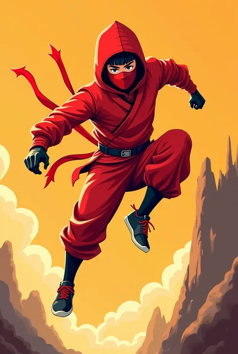 A ninja doing a Stant like cartoons red colour 