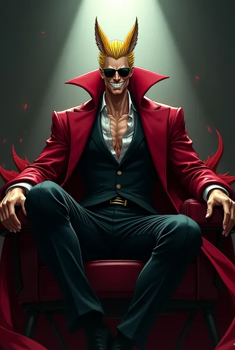 Doflamingo the fox-eared king、Blonde、Short、sunglasses、Scary smile、Cape、Sitting with legs crossed
