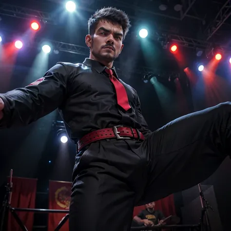 Age 27、One Man、Dhaka - Fighters、Black Shirt、Red tie、black slim pants、Black belt、guard。stage、Fight with your legs spread open.、logic, ,Short perm、Stubble、Asian face　Seen from below　Upper body close-up、Menacing look