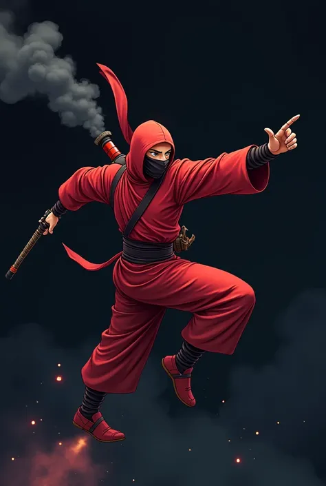 A ninja doing a Stant like cartoons red colour 
black background 