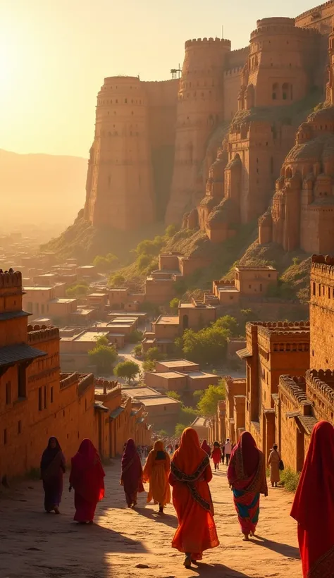 "A detailed view of the massive Jaisalmer Fort at sunrise, towering over the city with its ancient, intricate carvings. The first rays of sunlight illuminate the sandstone walls, casting long shadows over the winding streets below. In the foreground, local...