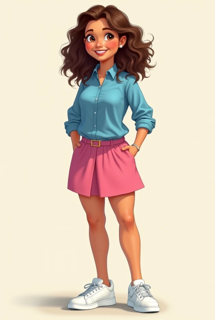 Dora the Explorer Adult Character Full Body Drawing, with blue blouse, short rosa, curly hair and white sneakers. 