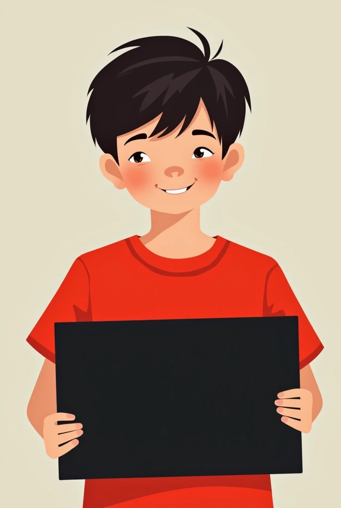 A boy which is in red t shirt and tacking a black cardboard in his hands in front of his chest ,the cardboard is  little bit blow of his shoulders