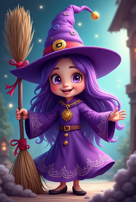 witch with purple clothes and purple hair holding a broom cartoon
