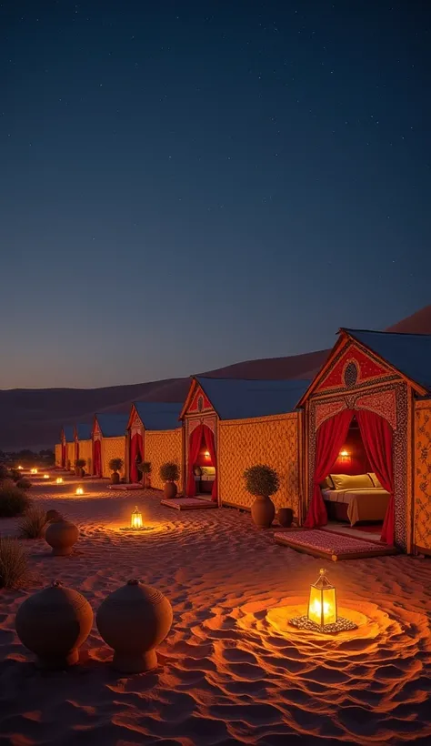 "A luxurious desert camp set up in the Thar Desert, near Jaisalmer, with traditional Rajasthani tents, glowing lanterns, and a warm campfire. The vast desert dunes stretch into the distance, with a clear starry sky above."