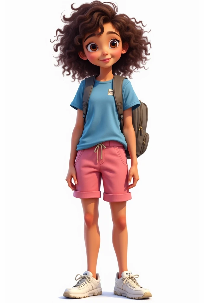 Dora the Explorer Adult Character Full Body Drawing, with backpack on his back, blue regatta, pink bermuda, curly hair and white sneakers. 