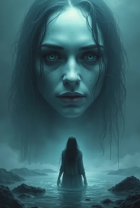 Zainab, now fully panicking, watches in horror as a ghostly, icy face with hollow eyes rises out of the water, staring directly at her. The ghosts face is cold, expressionless, with long, dripping hair that clings to its head. Its eyes are lifeless, but fi...