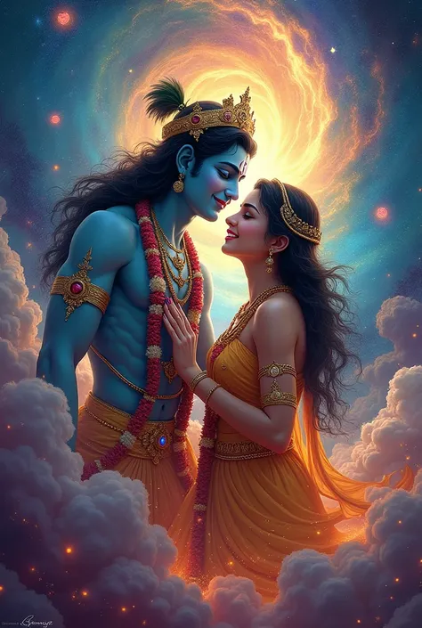 Witness the universe echoing in Krishna through A vivid depiction of cosmic energy and divine power, this image beautifully portrays Krishnas mystical presence, big smiling ,with beautiful Radha Rani 