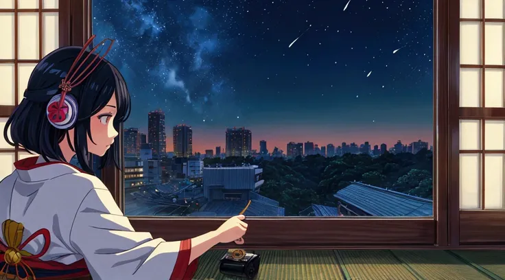 Create a scene of a 2 woman looking out the window, listen to music on headphones, In a peaceful and relaxing environment, short black hair, view from behind, gazing at the horizon, at night, and through the window you can see fireflies and a beautiful lan...