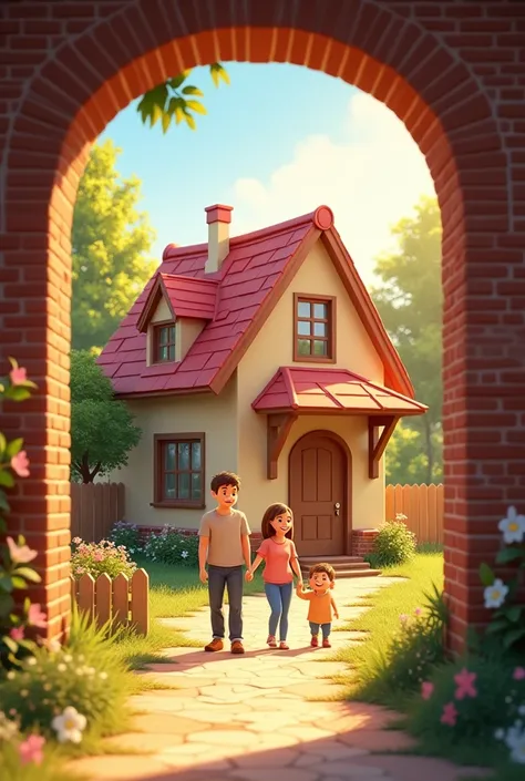 Show a small, cozy home being built or already completed with our bricks. In the foreground, a family is admiring their new home. It’s a sunny day, a joyful atmosphere, and neat brick walls symbolize safety and comfort.