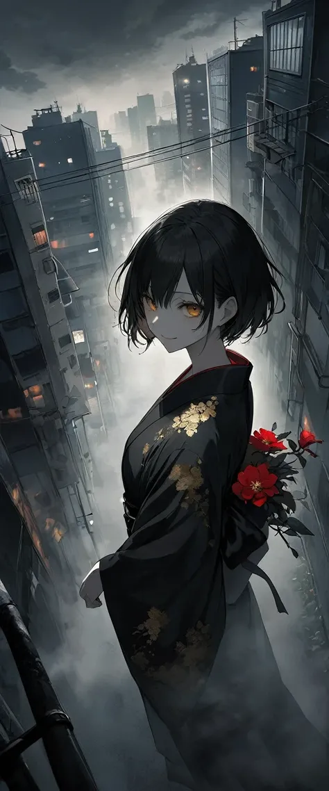 A black silk kimono embroidered with gold flowers。Beauty in the mist,Walking on power lines in the fog。Black belt。smile。Black short hair。amount,Foggy Sky。 Looking towards the audience。Beautiful golden eyes。。Dead skin。alone。darkness。Spooky atmosphere。Japan。...