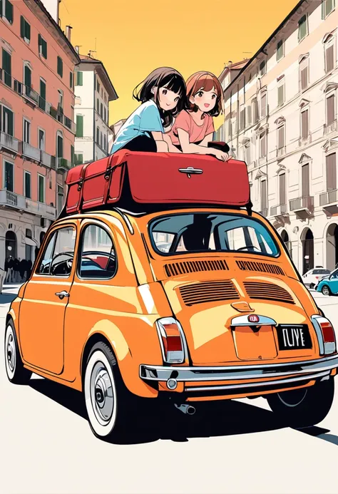 (masterpiece, best quality:1.1), pop-art style, medium flat color,(two girls),cute,detailed face,tween,have a nice trip,(they are sitting on the hood of the car,torino,),Italy, beautiful detailed scenery, beautiful lighting,very happy,dynamic pose,photogra...