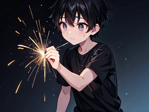 1 boy, Black short hair, He is wearing a grey shirt, playing with the sparklers