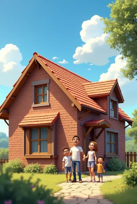 make realistik image Show a small, cozy home being built or already completed with our bricks. In the foreground, a family is admiring their new home. It’s a sunny day, a joyful atmosphere, and neat brick walls symbolize safety and comfort.