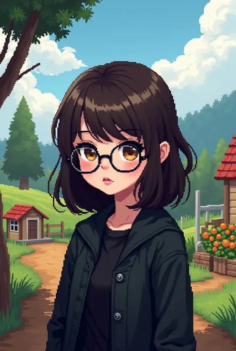 dark brown haired girl, medium and wavy hair, eyes browns, white skin color, round black frame lens glasses, black emo style outfits/Gothic/Alternative. Stardew Valley pixel game.