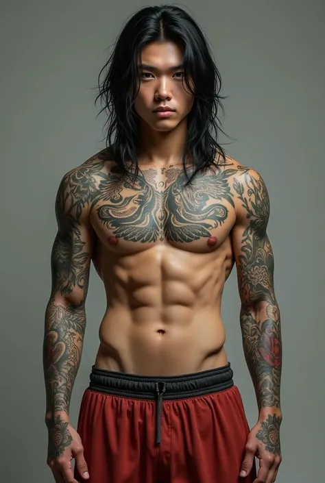 Shirtless Asian boy. Full body tattoo. Full left arm tattoo. Long hair. Wearing basketball shorts. Full height. Realistic. 