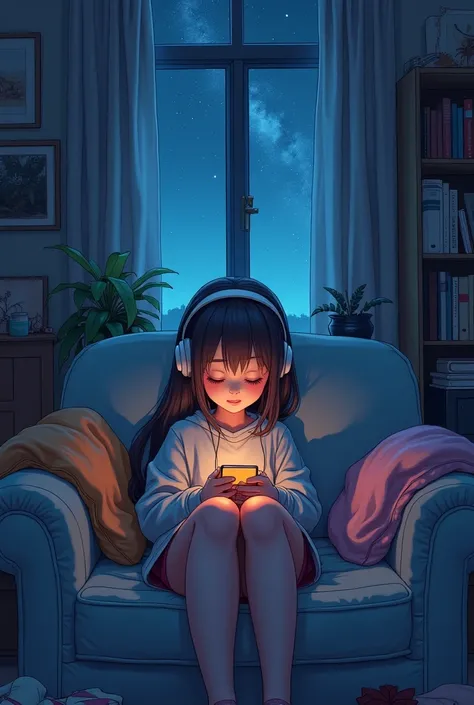 Portrait 512 LoFi Image,Slightly messy room,A girl plays with a smartphone,I&#39;m wearing headphones,Buried in the sofa,looks sleepy,Starry sky outside the window