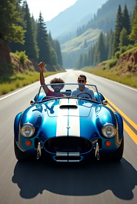 Create a front projection of the blue shelby 427 car driving on a road , with three men inside the car regardless of whether the car only fits 2, with one arm raised 