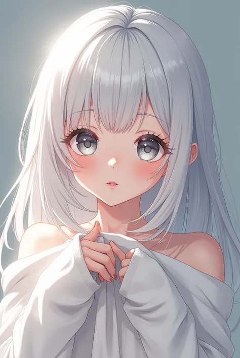 anime girl cute white hair  without clothes takes blanket to criticize vagina and breasts 