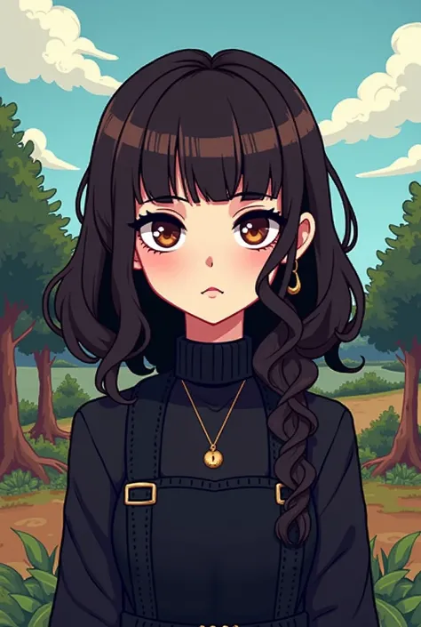 dark brown haired girl, Long, wavy hair (without bangs), eyes browns, white skin color, black emo style outfits/Gothic/Alternative. Stardew Valley pixel game.