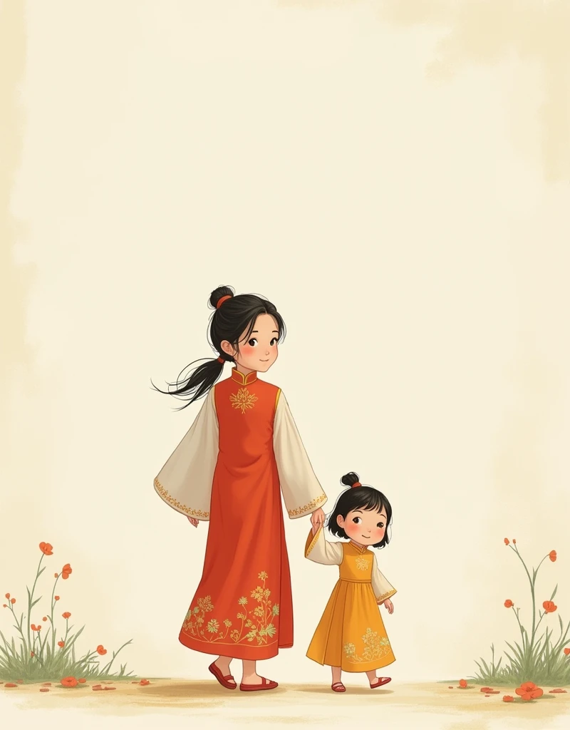 Young girl wearing Vietnamese traditional dress holding hands walking minimalist