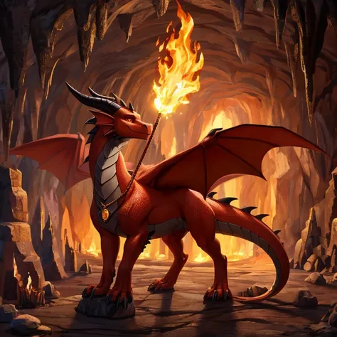 Masterpiece, best quality, high quality, 1Female feral dragon, slight grin, slim fire red dragon, casting fire magic, has Orange eyes, detailed eyes, has Dragon Wings, highres, redish main body color, smooth skin, has neck and tail Brown fur, has Black hor...