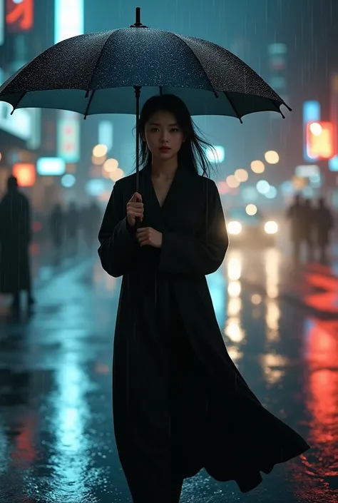 

"A young Chinese woman , facing camera ,walking alone on a city street at night, rain pouring down, her umbrella held firmly above her. Her expression is calm and reflective, as raindrops bounce off the umbrella, creating a glistening effect in the dim s...