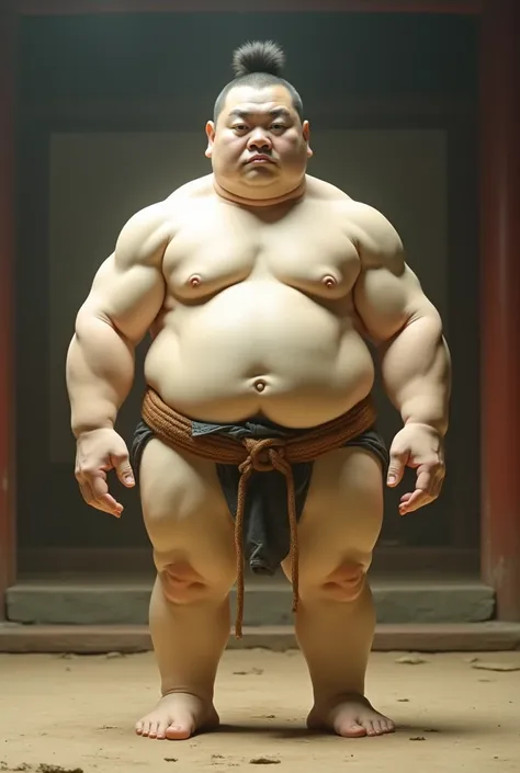 a Japanese sumo wrestler with a tofu body, but the hands and feet are human feet.